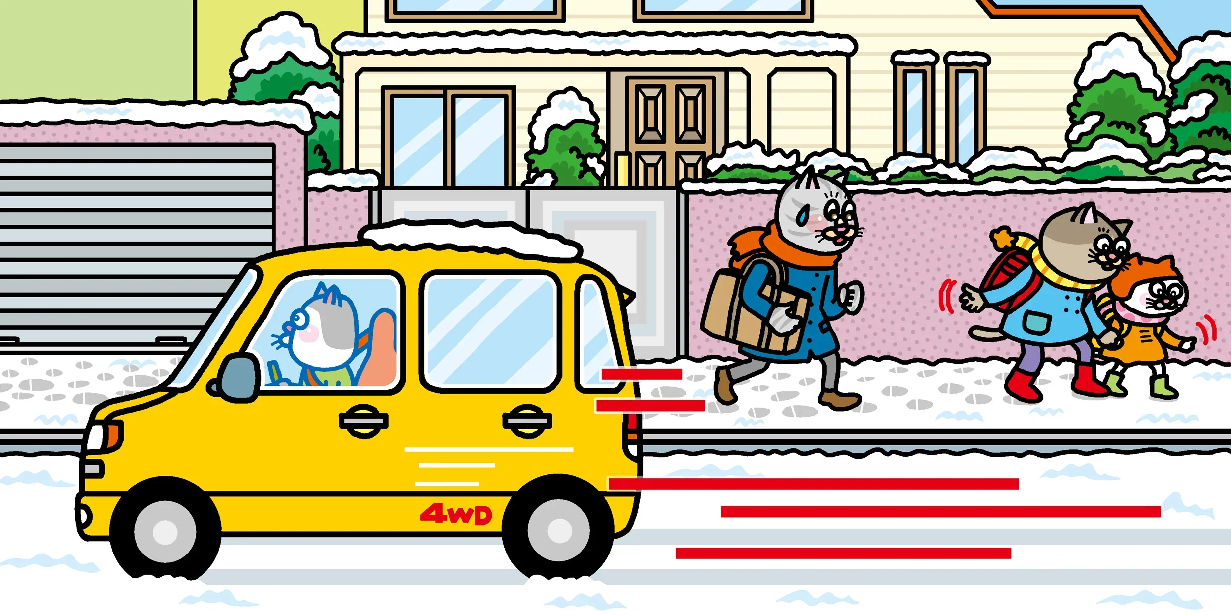 道路が凍結しているなか、夏タイヤで走行しているイメージ