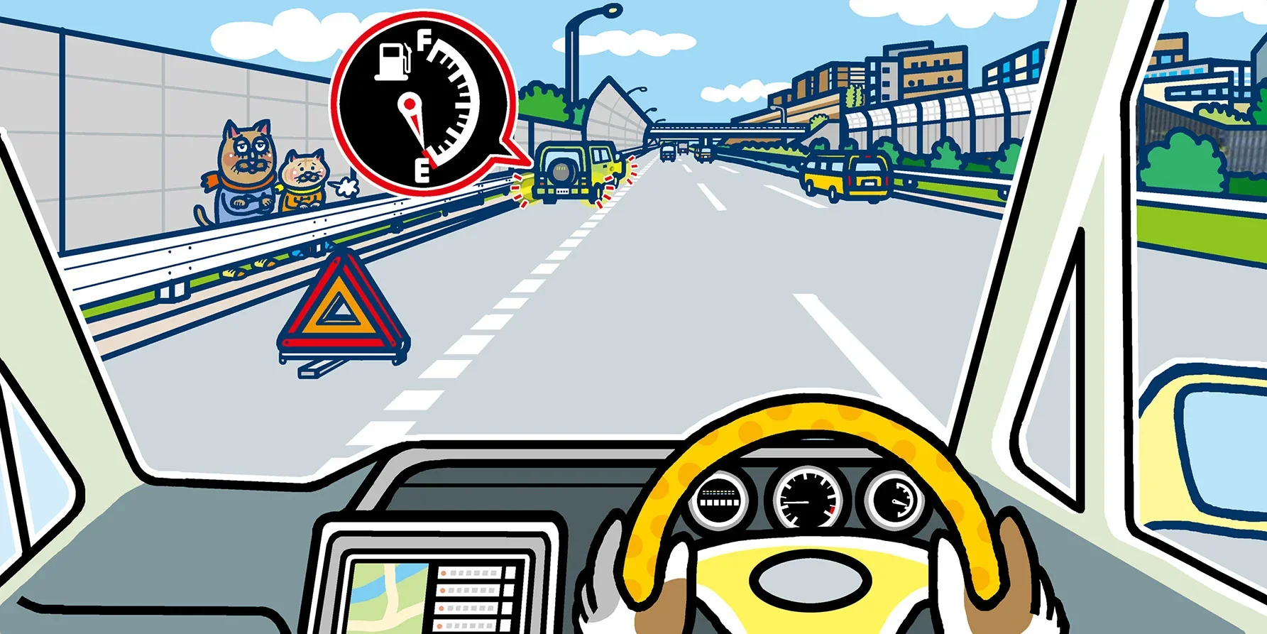 高速道路でガス欠して、路肩に停車している様子。乗員はガードレールの外に出て安全確保し、停止表示板が故障車がいることを示している