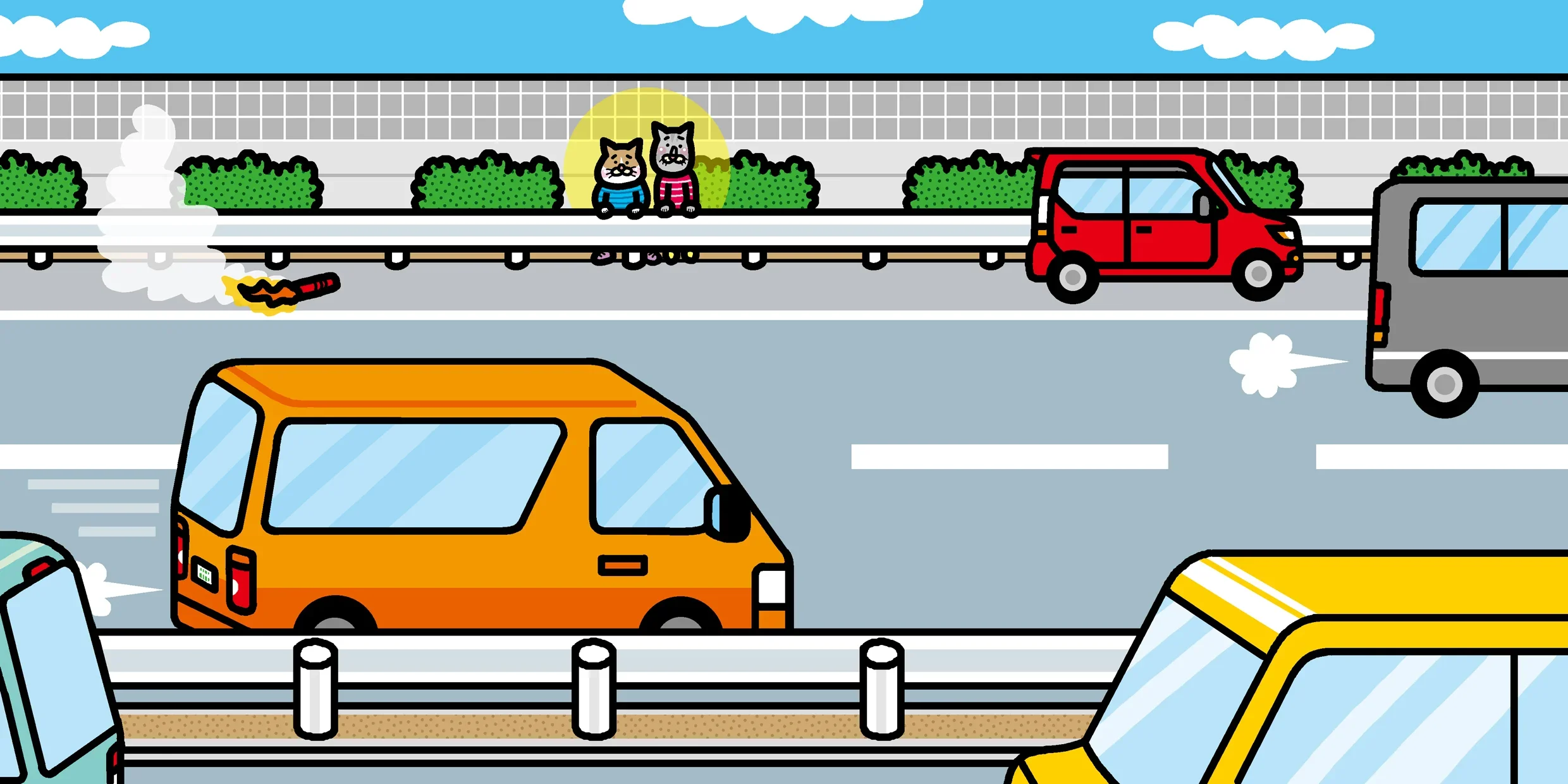 クルマの故障で、高速道路に緊急停車する様子。発炎筒はつけているが、停止表示板は設置していない