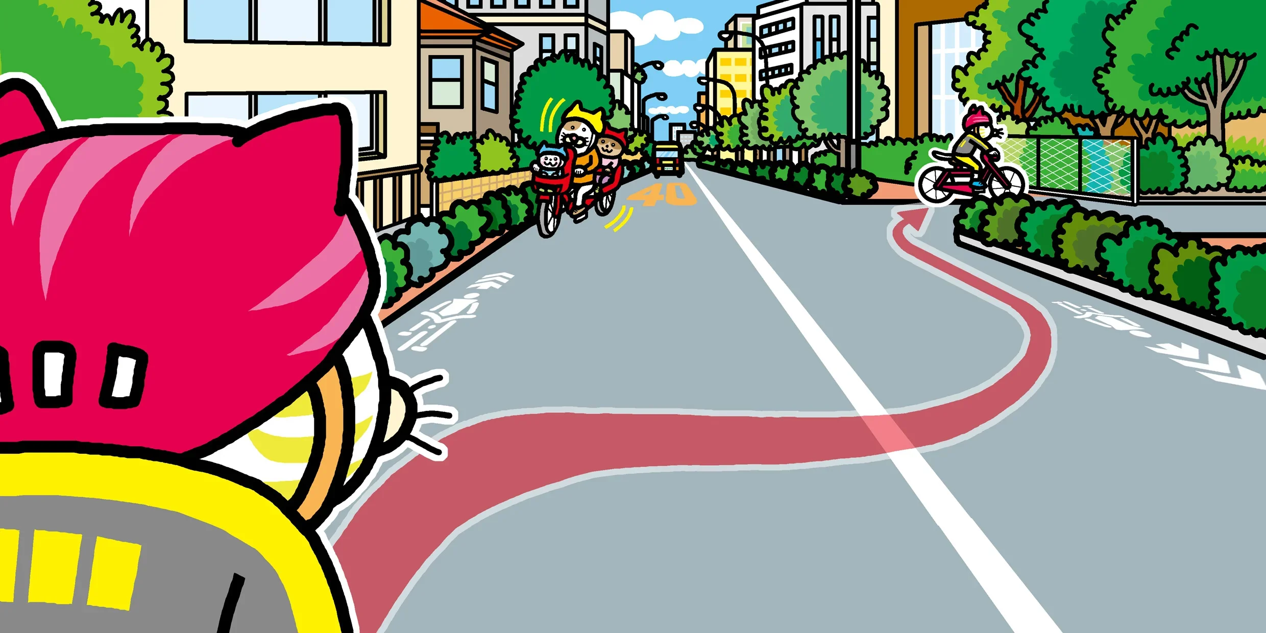 自転車で道路を通行中、道路の右端を逆走してから右の道路に入る様子