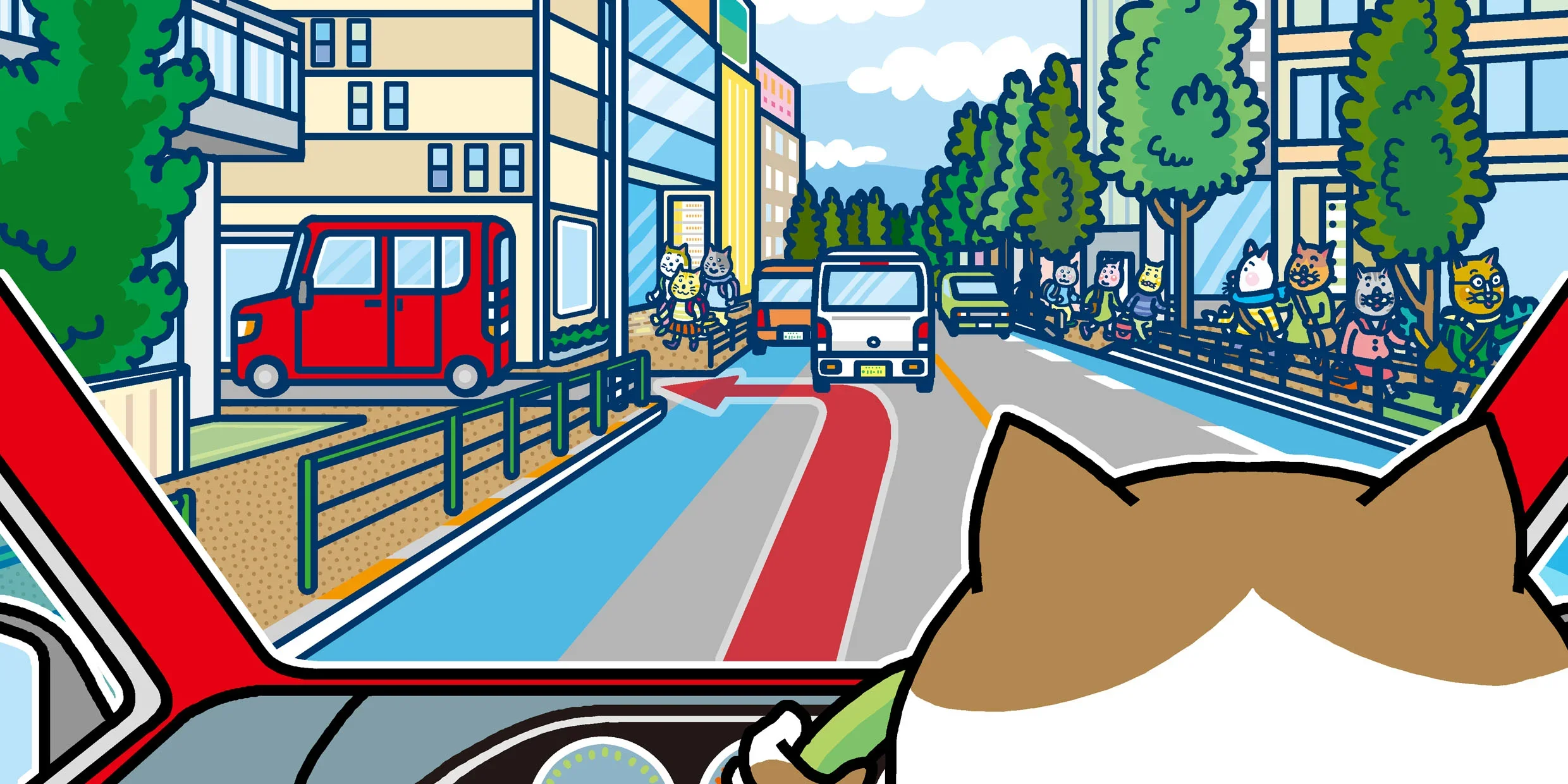 左端の自転車専用レーンに入らないまま、道路を左折する様子