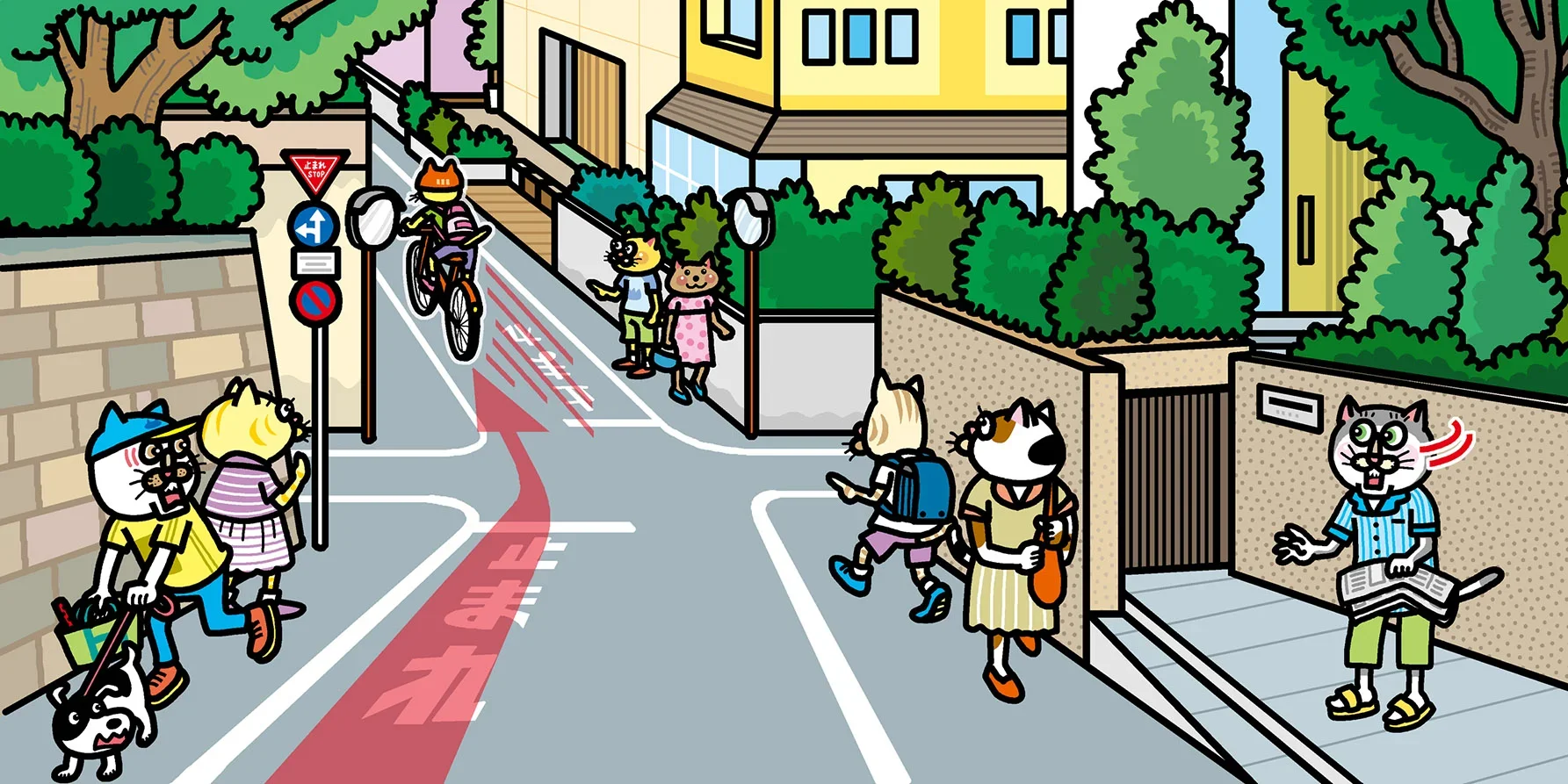 住宅街の狭い道路で、自転車が一時停止を守らず通行し、歩行者が周囲を行き交っている場面