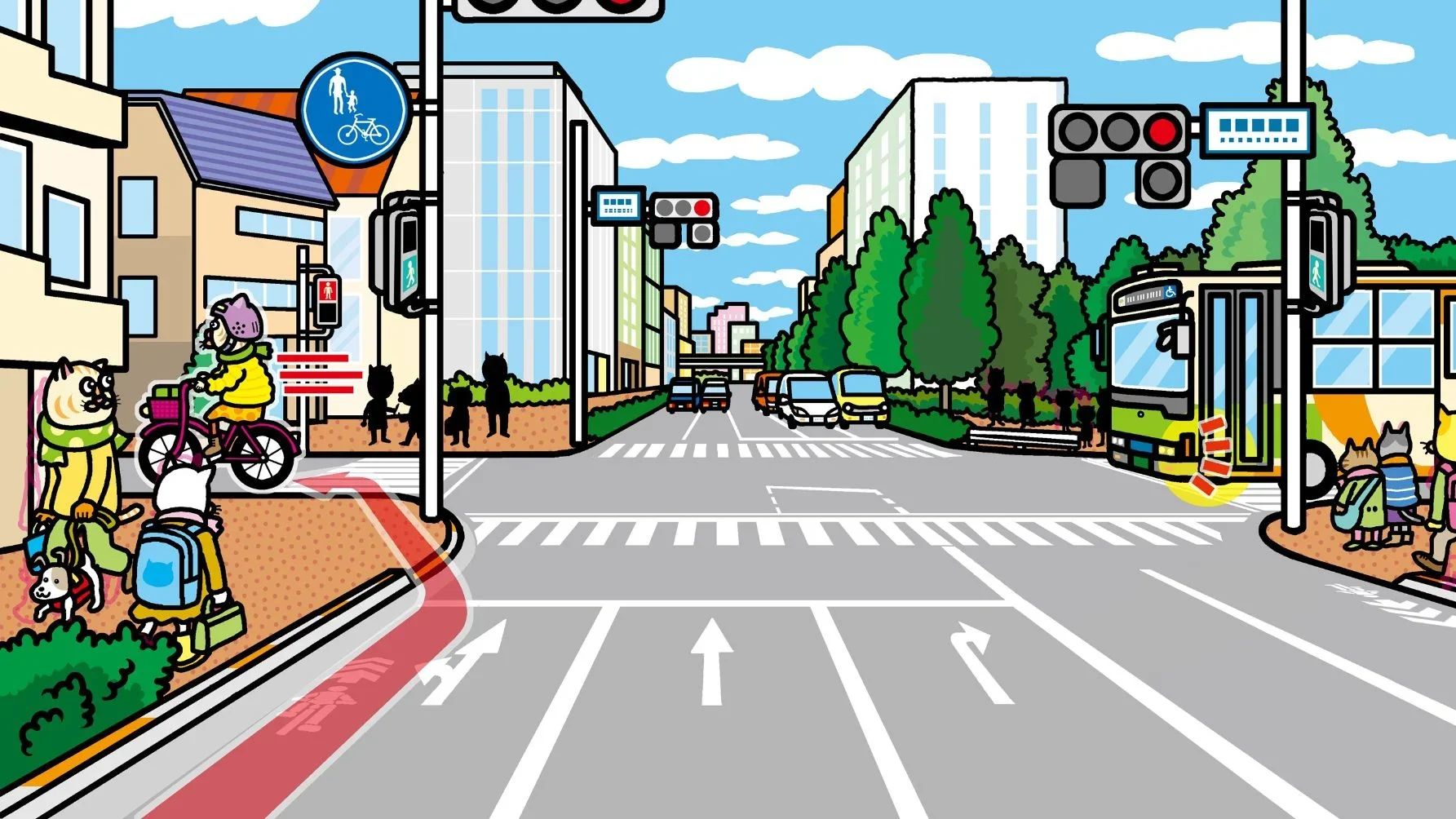 信号のある大きな交差点で、赤信号を無視する状況