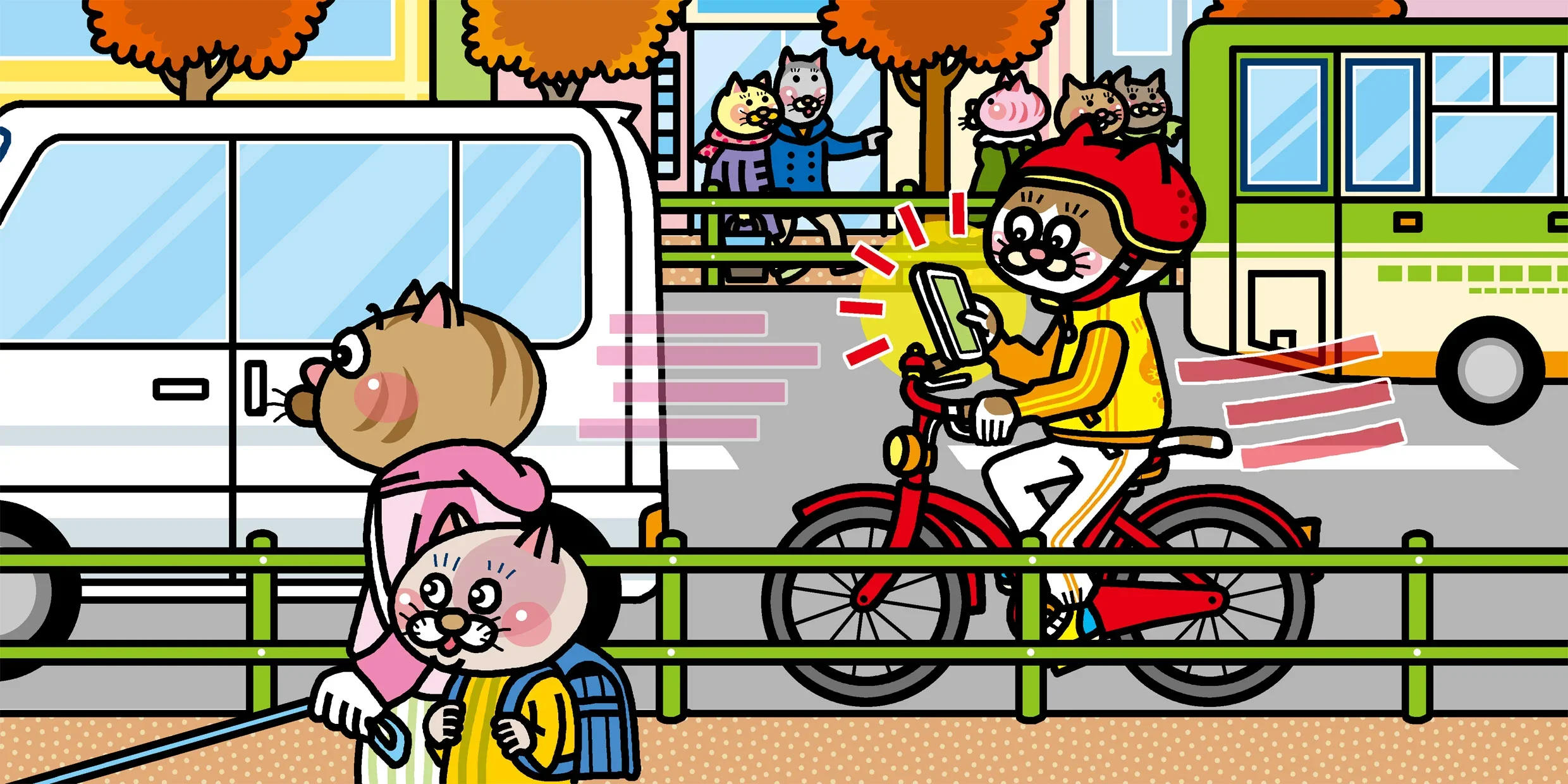 歩道と車道が分かれた道路で、自転車に乗りながらスマートフォンを操作して走行している場面