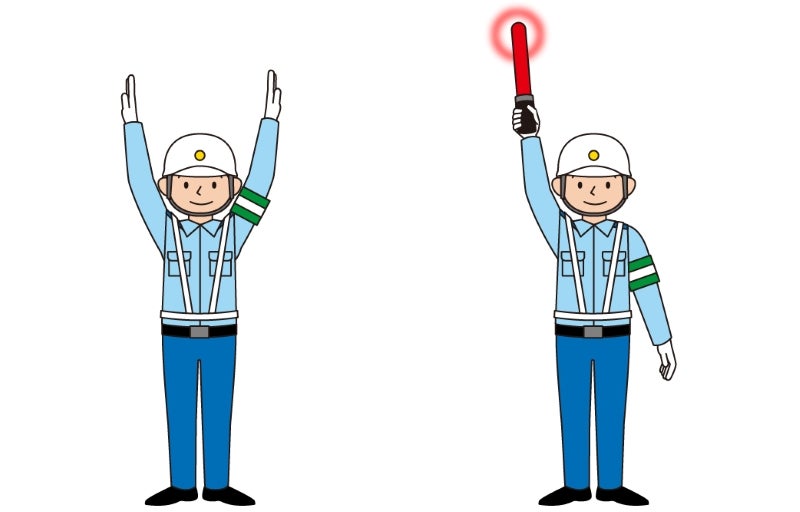 腕を垂直に上げているとき（灯火を頭上に上げているときも同じ）の手信号