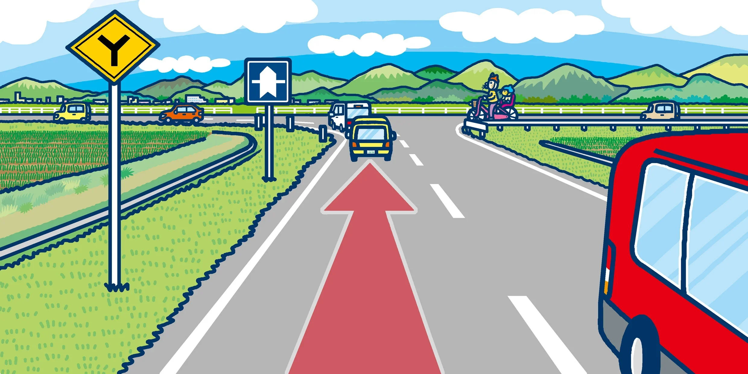 Y字路の交差点で直進車と合流する車があり、進行方向を示す矢印が描かれた道路交通法クイズ用イラスト