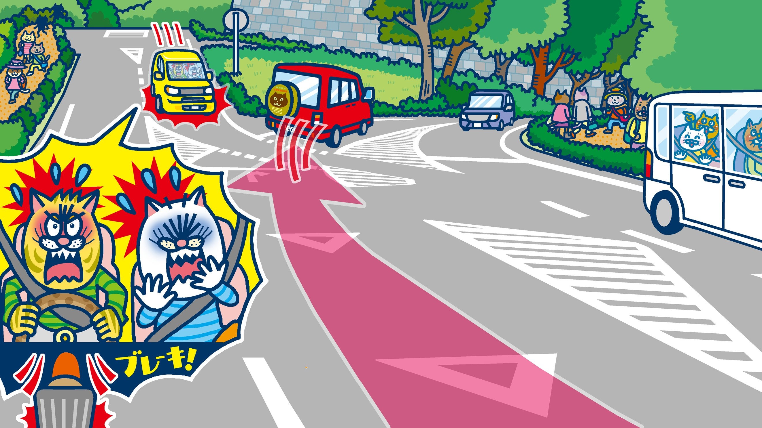 優先関係が分かりにくい交差点を描いた道路交通法クイズ用イラスト