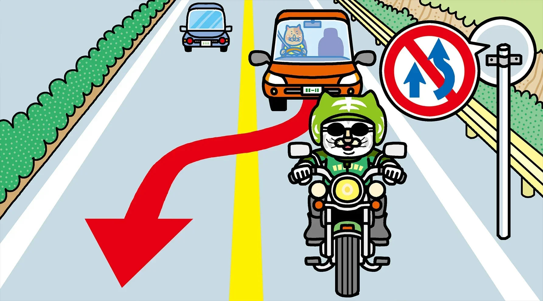 黄色のセンターラインが引かれた道路で、センターラインをはみ出して前の原付バイクを追い越す様子