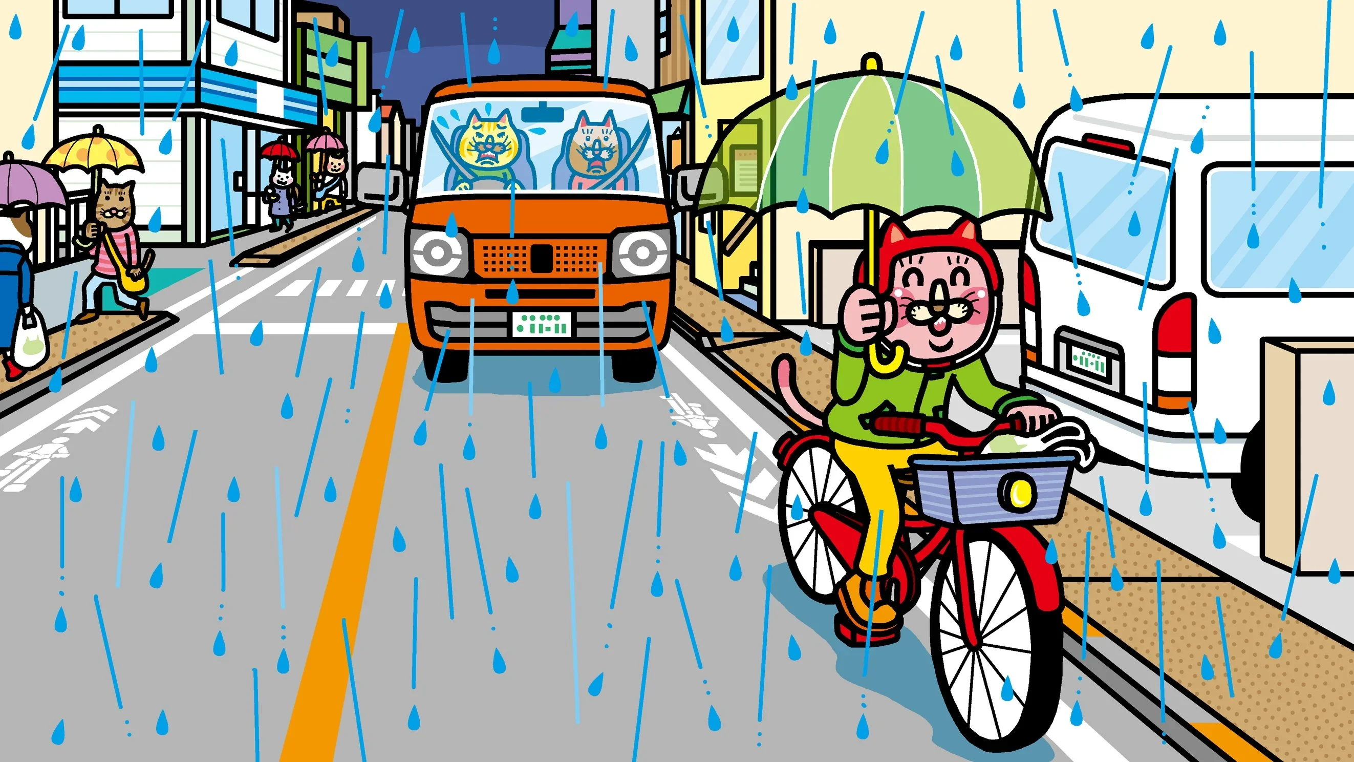 雨が降る車道で、ネコのキャラクターが右手に傘を差し、左手だけでハンドルを握って自転車を運転している様子を描いた線画イラストです。背景には対向車線を走る軽自動車や、歩道で傘を差して歩く赤い線のキャラクターたちが描かれており、雨粒は青い線で表現されています。この記事のテーマである「自転車の傘差し運転」の危険性と違法性を視覚化するシチュエーションイラストです。