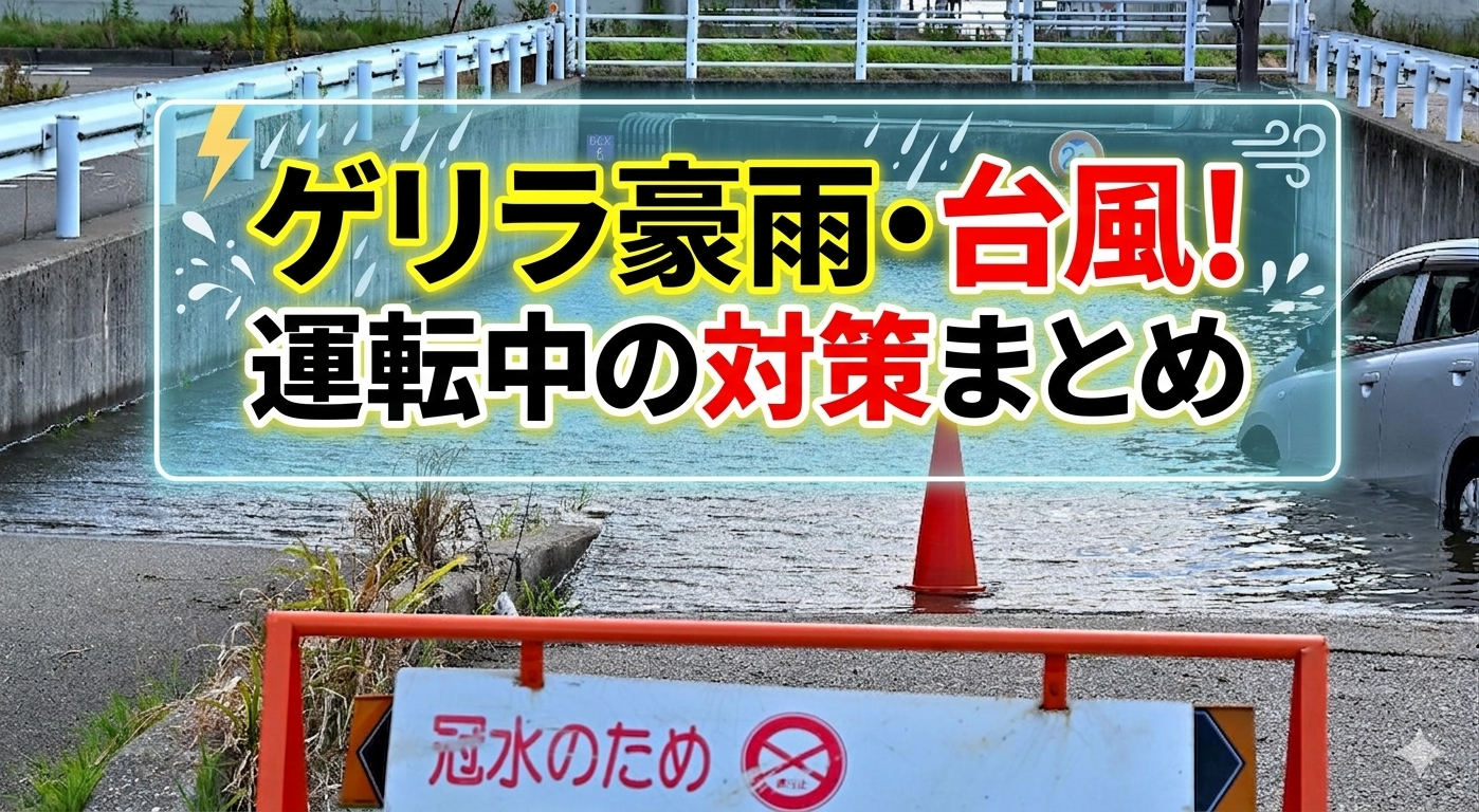 水没したアンダーパス。水没した軽自動車がいる