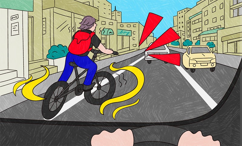 前を走っている自転車がふらついて車道の中ほどに出て来るイメージ