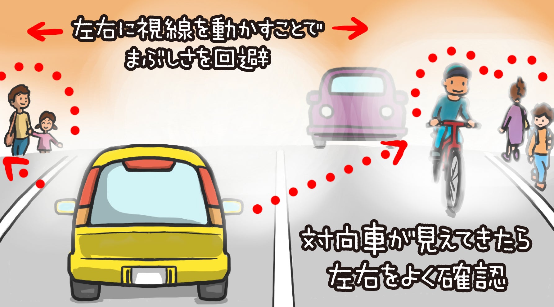 蒸発現象など、時間帯によって道路が見えづらくなる時の防衛運転を解説している図