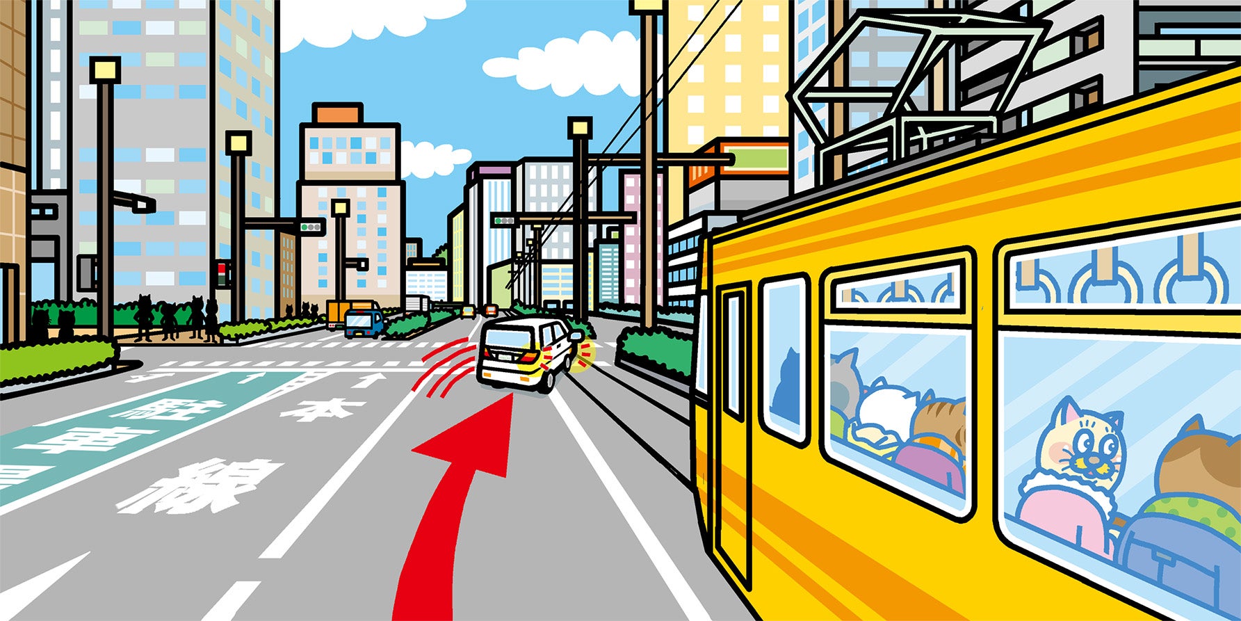 都市部の道路を走る黄色い路面電車の車内（乗客の猫たち）からの視点で、並走する車道を捉えたイラスト。 左側の車道には「軌道敷内」と路面に白文字で書かれており、中央の車線を走る白い乗用車がハザードランプ（あるいは右ウインカー）を点滅させながら、路面電車が走る軌道敷内へと急に割り込むような軌跡が、赤い矢印とブレの線で描かれている。背景には高層ビル群や信号機、街灯が立ち並び、青空が広がっている。