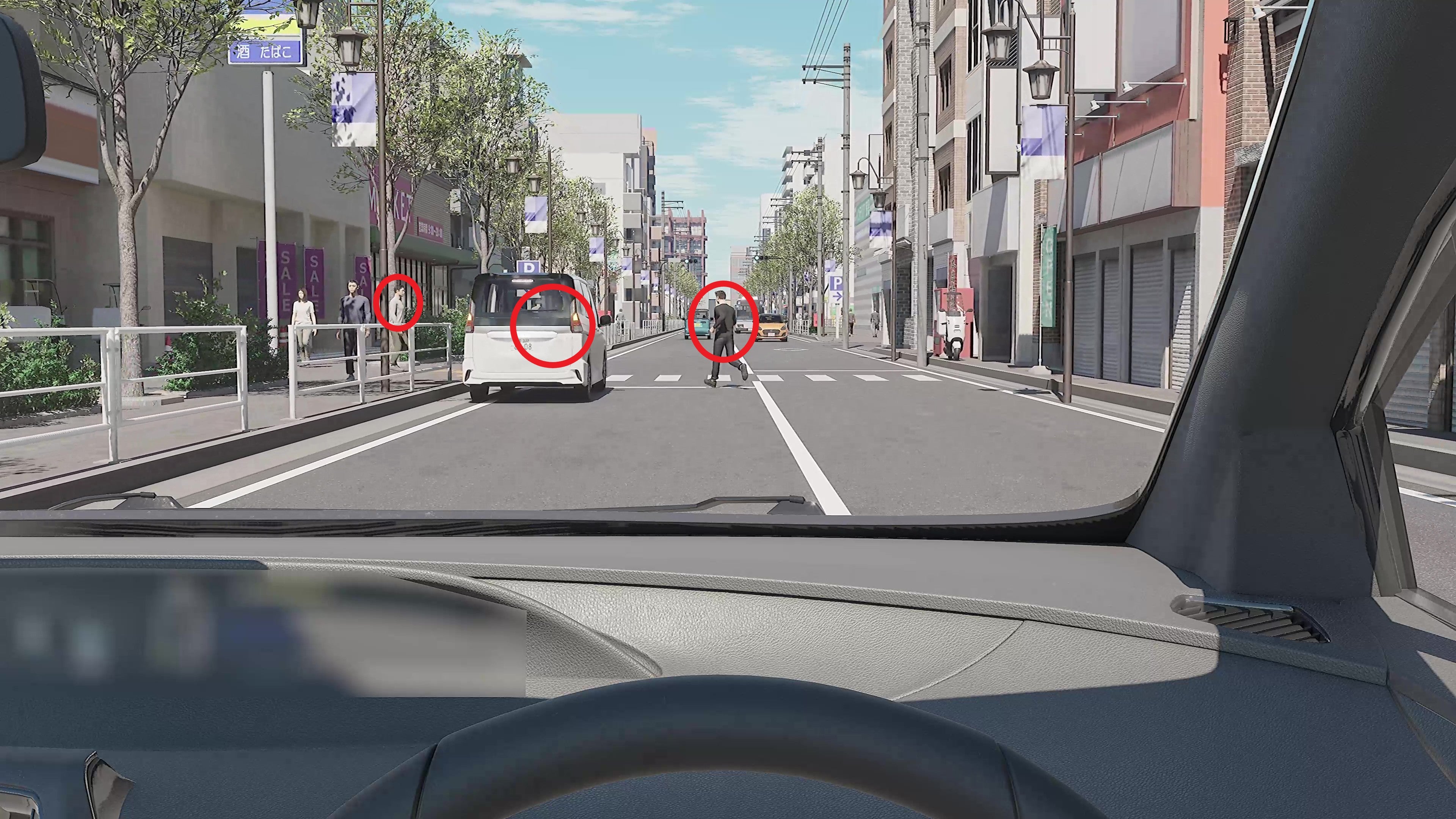 停車車両が急に発進する。右側の歩行者が途中で転倒する。停車車両の陰から別の歩行者が横断して来る。