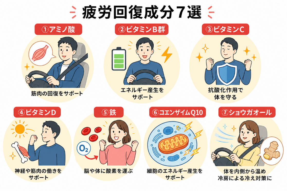 7つの疲労回復成分（アミノ酸、ビタミンB群、ビタミンＣ、ビタミンＤ、鉄、コエンザイムＱ10、ショウガオール）