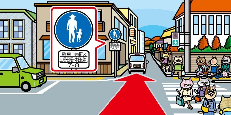 「軽車両を除く」という補助標識が歩行者専用道路を軽自動車で通行する様子