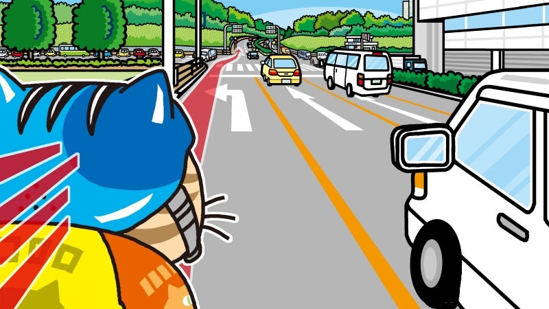 自転車で交差点を直進するとき、最も左にある左折専用レーンから直進する様子