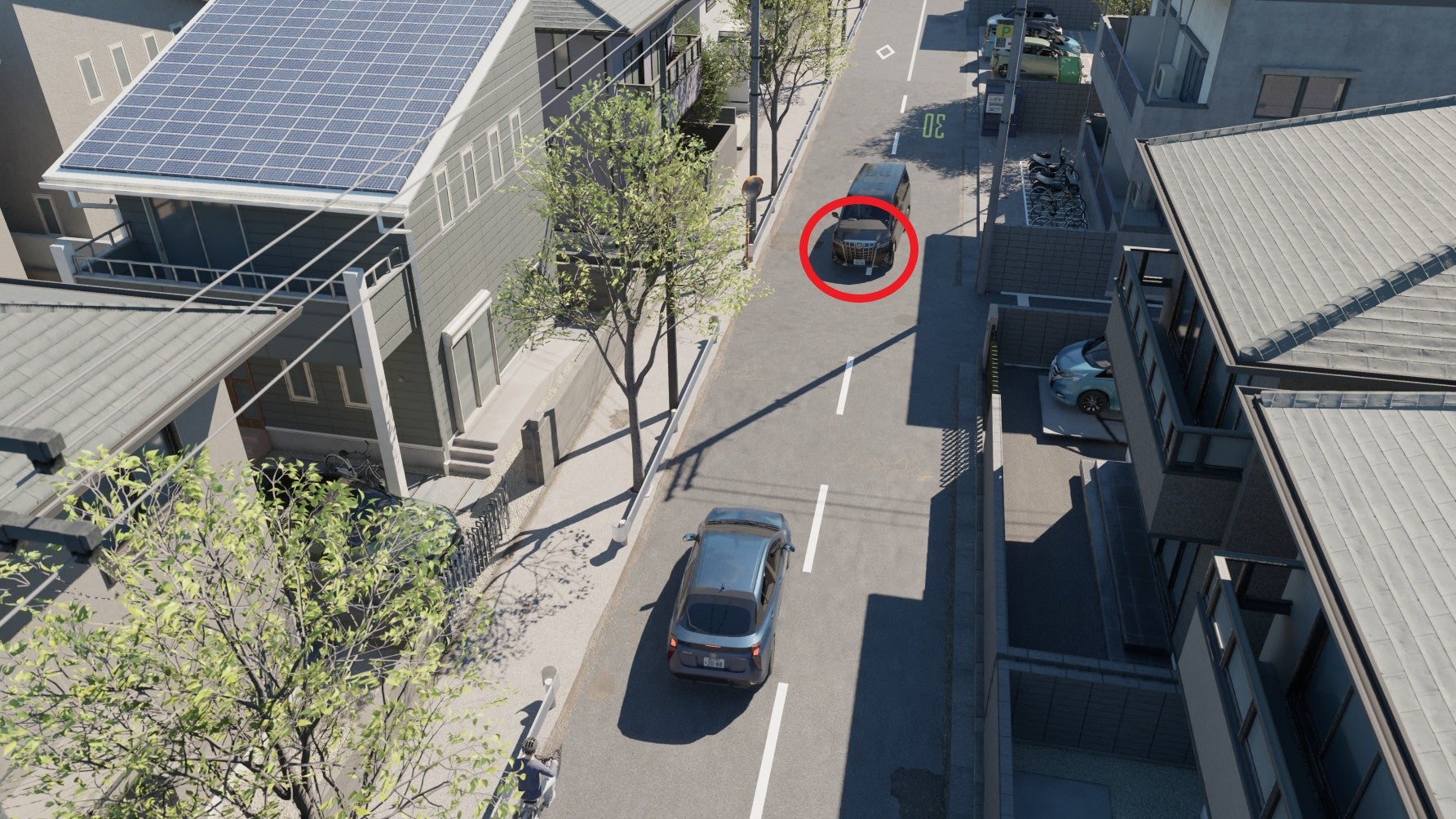 対向車が左折する直前でこちら側の車線にはみ出して来る場面